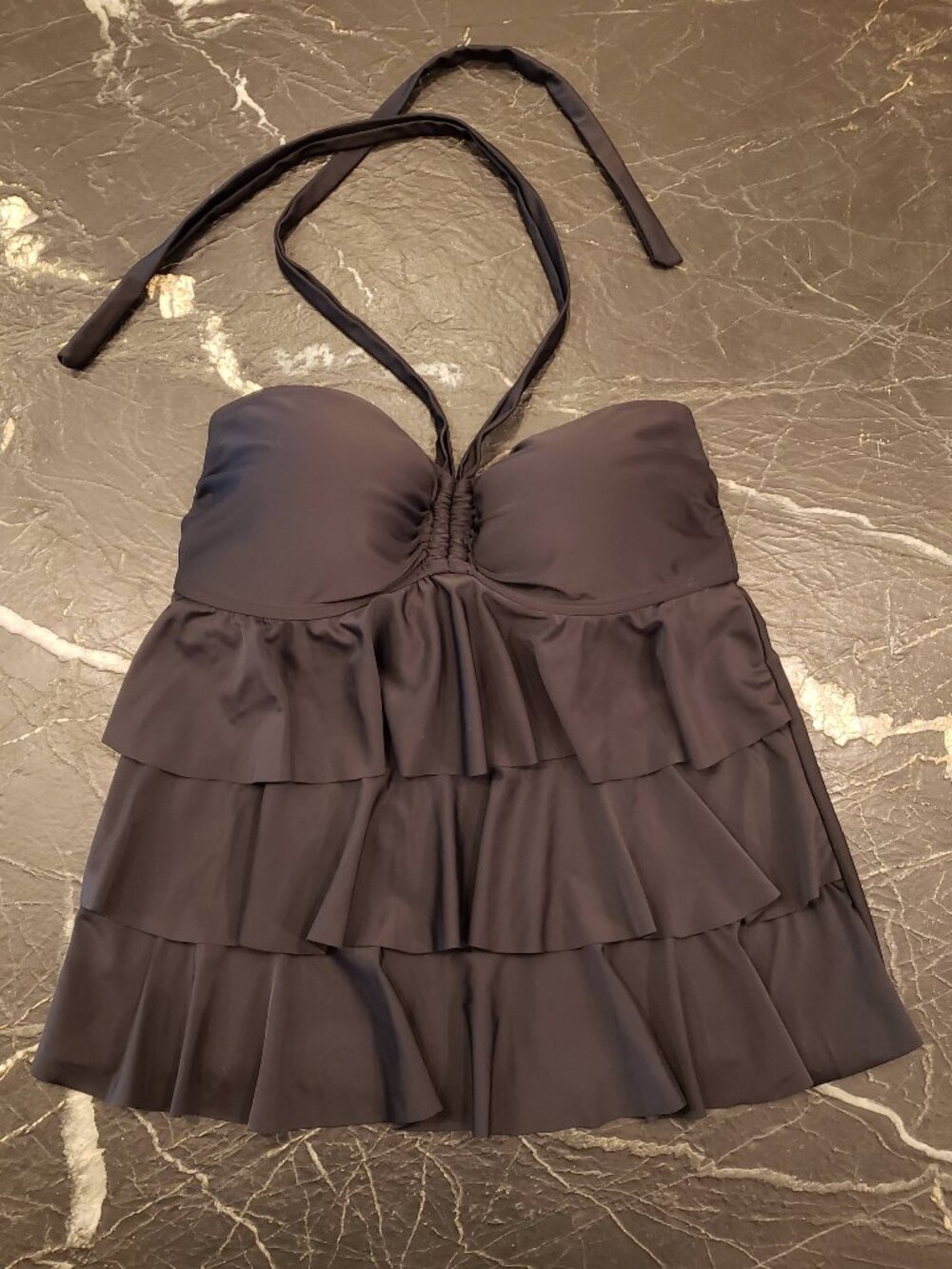 Catalina Black Triple Tier Tankini Top Size L | Halter Ruffle Flounce Swim Top